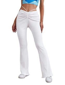 Women's Cut Out High Elastic Waist Long Pants Flare Leg Solid Trousers