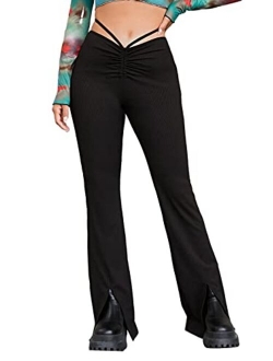 Women's Cut Out High Elastic Waist Long Pants Flare Leg Solid Trousers