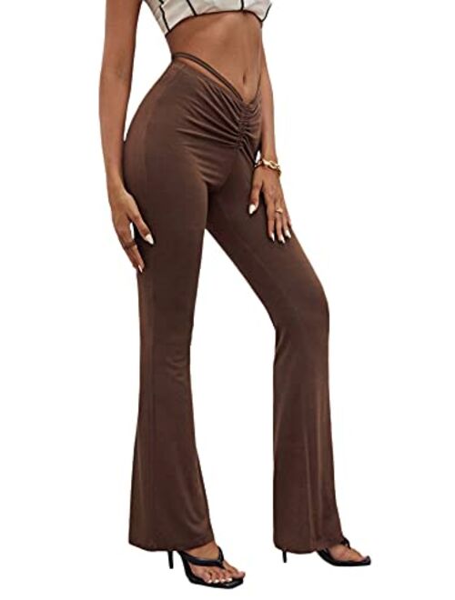 SheIn Women's Cut Out High Elastic Waist Long Pants Flare Leg Solid Trousers