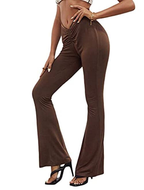 SheIn Women's Cut Out High Elastic Waist Long Pants Flare Leg Solid Trousers