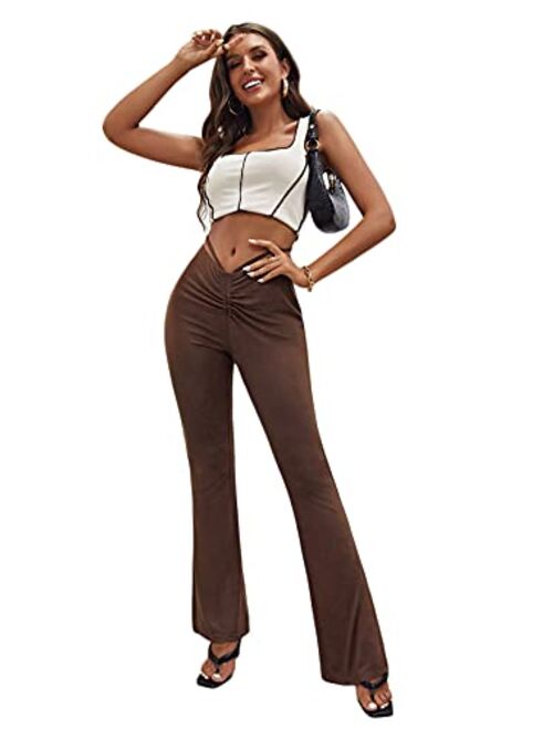 SheIn Women's Cut Out High Elastic Waist Long Pants Flare Leg Solid Trousers