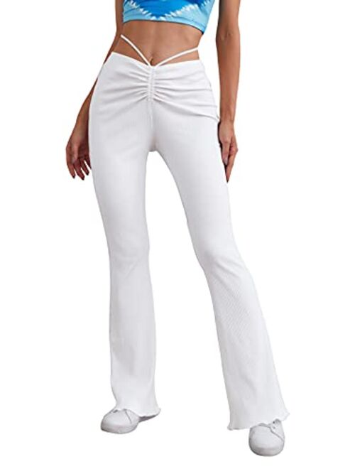 SheIn Women's Cut Out High Elastic Waist Long Pants Flare Leg Solid Trousers