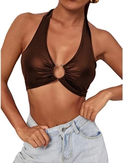 PU Leather O-ring Crop Halter Top