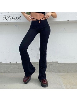 FSDA Black Autumn Winter Long Pants Women 2021 Casual High Waist Cut Out Harajuku Buttoms Design Bandage Trousers Fashion