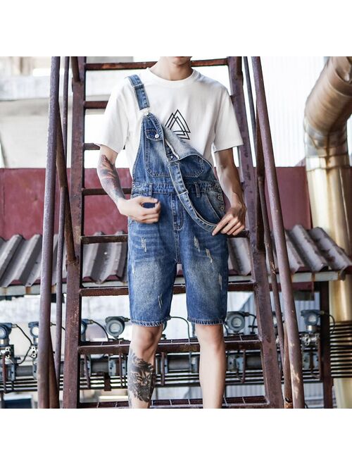 Denim Shorts For Men Japanese Denim Overalls Shorts Male Summer Hole Denim Bib Korean Suspenders Size S-5XL