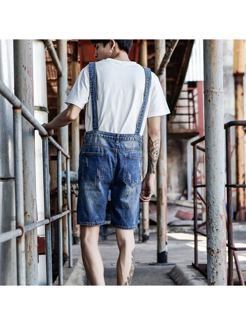 Denim Shorts For Men Japanese Denim Overalls Shorts Male Summer Hole Denim Bib Korean Suspenders Size S-5XL