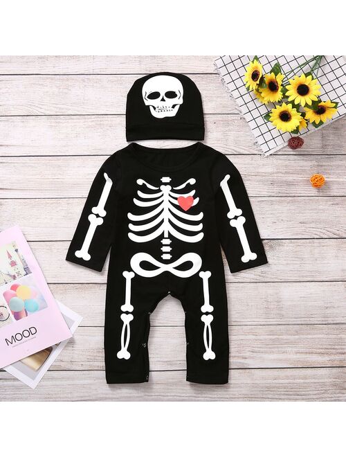 2021 Halloween Baby Set Male Baby Girl Long Sleeve Halloween Print Haberi One Piece + Hat Set  Bone Print Romper Jumpsuit A1