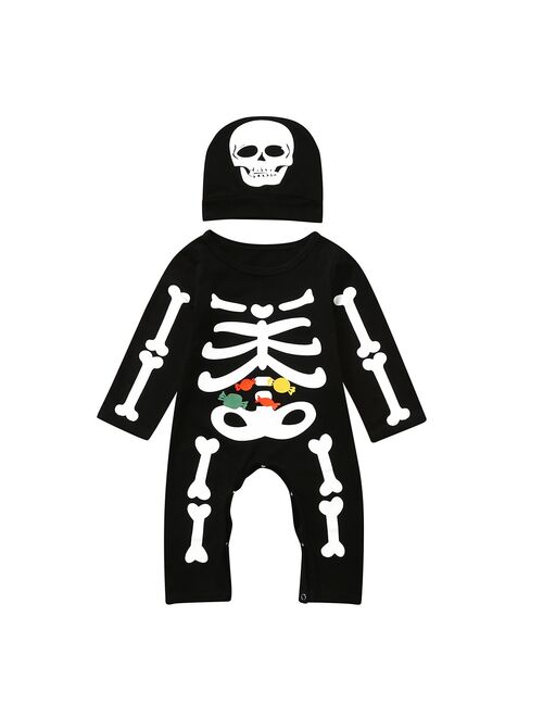 2021 Halloween Baby Set Male Baby Girl Long Sleeve Halloween Print Haberi One Piece + Hat Set  Bone Print Romper Jumpsuit A1