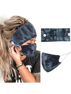 Gortin Boho Headbands Blue with Button Yoga Stretch Tie Dye Hair Bands Wide Head Turban Fashion Head Wraps with Mouth Cover for Women and Girls