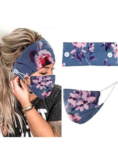 Gortin Boho Headbands Blue with Button Yoga Stretch Tie Dye Hair Bands Wide Head Turban Fashion Head Wraps with Mouth Cover for Women and Girls