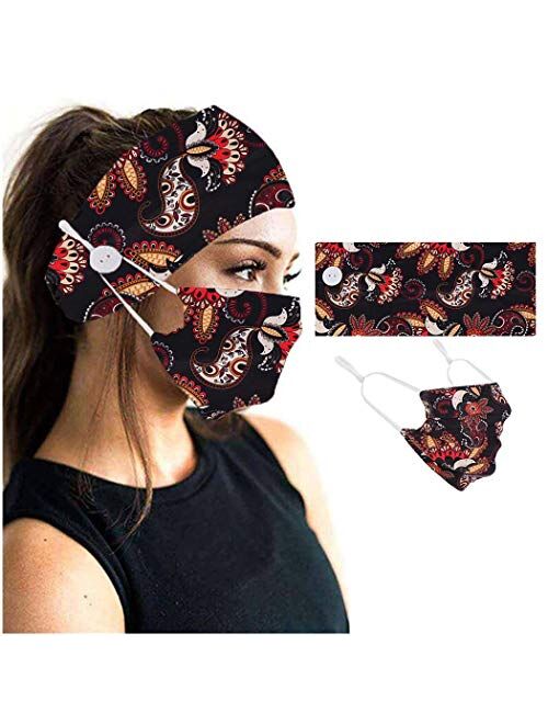 YBSHIN Boho Hair Bands African Buttons Headbands Floral Hair Wraps Turban Hair Scarfs Yoga Hair Wears Elastic Hair Bands with Printed Mouth Cover Headpieces for Women and