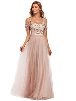 Cold Shoulder Contrast Sequin Mesh Prom Dress