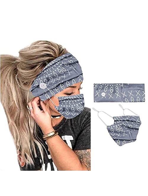 CAKURE Boho Headbands with Buttons WideTurban Headband Mask Set African Head Wraps Hair Accessories for Women and Girls Pack of 2