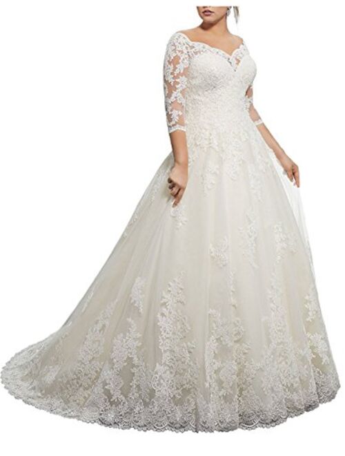 Kmformals Women's Lace Appliques Long Sleeve Plus Size Wedding Dress