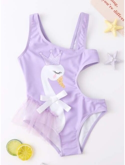 Toddler Girls Swan Print Cut-out One Piece Swimsuit