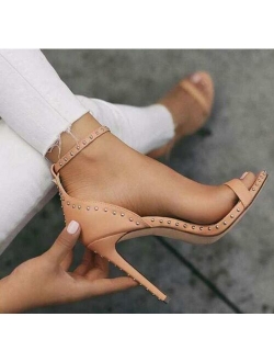 WDHKUN Women Sandals High Heels Summer Thin Heel PU Leather Rivet Peep Toe Sexy Party Shoes Sandalia Feminina 014C1845-45