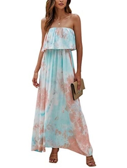 Womens Summer Dresses Blue and White Porcelain Strapless Boho Maxi Long Dress