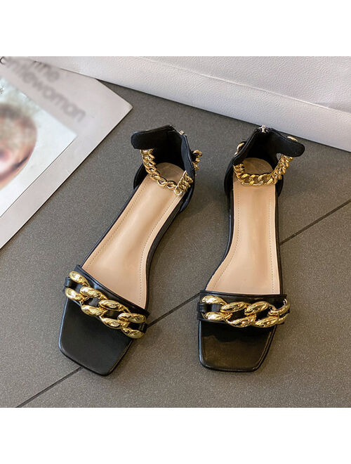 Summer Women Sandals Ankle Strap Chain Square Toe Women's Sexy Pumps Ladies Thin Heels Shoes Female Footwear Plus Size 2021