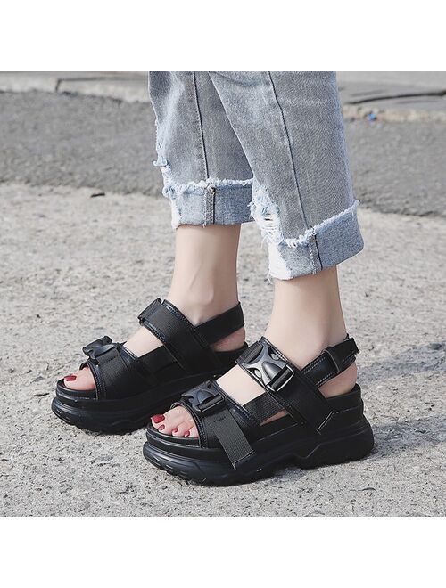 LazySeal Summer Women Sandals Buckle Design Black White Platform Sandals Comfortable Women Thick Sole Beach Shoes 393M