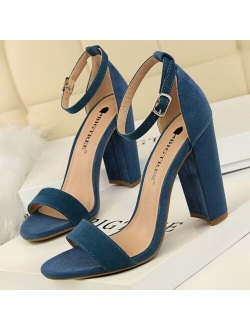 Summer Women Sandals Pumps Ankle Strap Square High Heels Sandalias Mujer Flock Open Toe Sexy Shoes Woman Plus Size 34-43 WSH4121