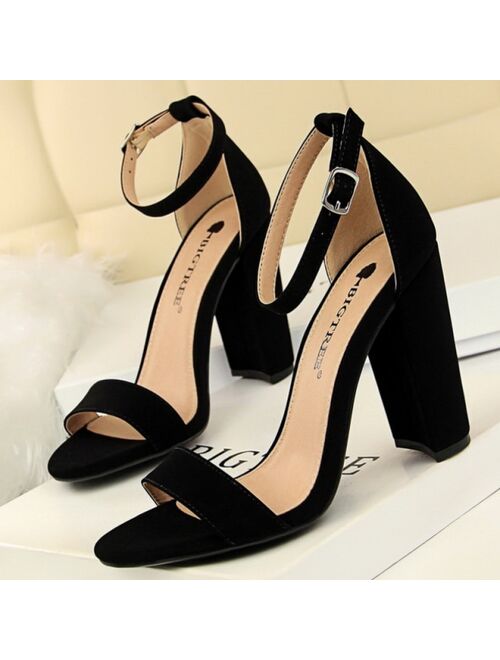 Summer Women Sandals Pumps Ankle Strap Square High Heels Sandalias Mujer Flock Open Toe Sexy Shoes Woman Plus Size 34-43 WSH4121