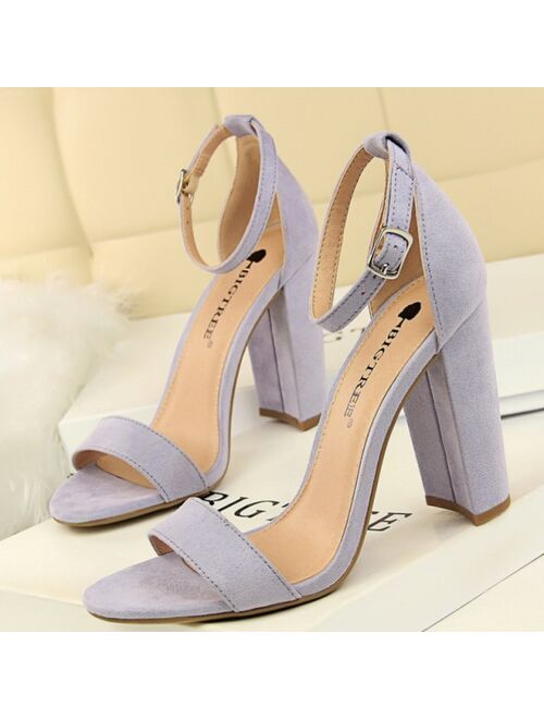 Summer Women Sandals Pumps Ankle Strap Square High Heels Sandalias Mujer Flock Open Toe Sexy Shoes Woman Plus Size 34-43 WSH4121