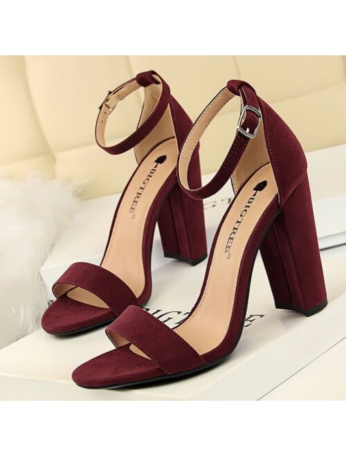 Summer Women Sandals Pumps Ankle Strap Square High Heels Sandalias Mujer Flock Open Toe Sexy Shoes Woman Plus Size 34-43 WSH4121