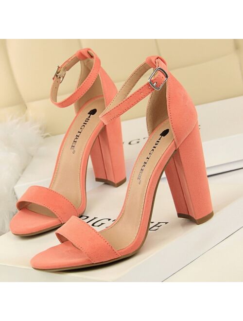 Summer Women Sandals Pumps Ankle Strap Square High Heels Sandalias Mujer Flock Open Toe Sexy Shoes Woman Plus Size 34-43 WSH4121