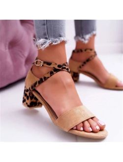 2021 Summer Women Sandals Peep-toe Buckle Strap Sandals Party Leopard Print Yellow Square High Heels 5CM Sandals