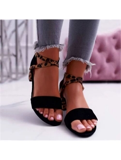 2021 Summer Women Sandals Peep-toe Buckle Strap Sandals Party Leopard Print Yellow Square High Heels 5CM Sandals