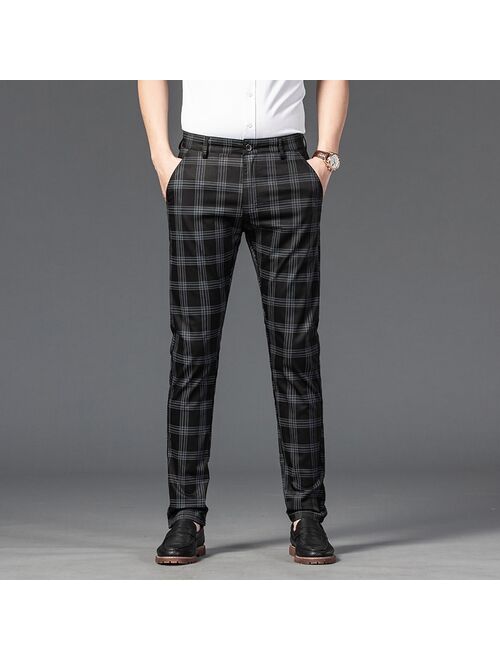 Jeywood Brand Men's Plaid Pants Casual Elastic Long Trousers Cotton Blue Skinny Business Work Pant for Male Classic Clothing