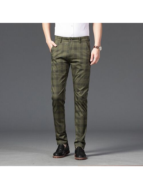 Jeywood Brand Men's Plaid Pants Casual Elastic Long Trousers Cotton Blue Skinny Business Work Pant for Male Classic Clothing