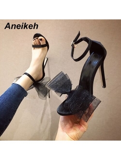 Aneikeh Summer Fashion White Silk Butterfly-knot Peep-toe High Heels Sandals Women Buckle Strap Back Pumps Wedding Party Shoes