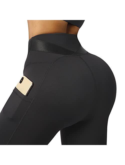 SUUKSESS Women Butt Lifting Capri Leggings with Pockets 7/8 Length Twist High Waisted Yoga Pants