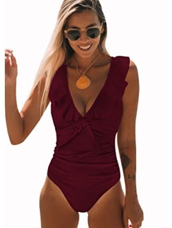 SPORLIKE Women One Piece Swimsuit V-Neck Ruffle Bathing Suit Padded Monokini