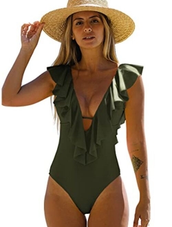 SPORLIKE Women One Piece Swimsuit V-Neck Ruffle Bathing Suit Padded Monokini