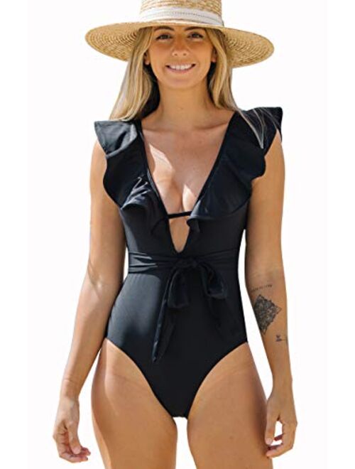 SPORLIKE Women One Piece Swimsuit V-Neck Ruffle Bathing Suit Padded Monokini