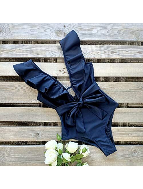 SPORLIKE Women One Piece Swimsuit V-Neck Ruffle Bathing Suit Padded Monokini