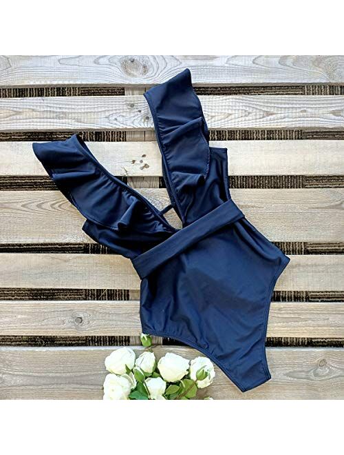 SPORLIKE Women One Piece Swimsuit V-Neck Ruffle Bathing Suit Padded Monokini