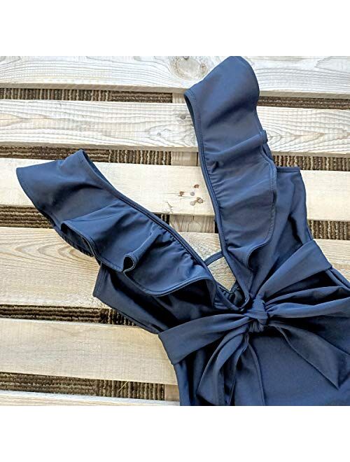 SPORLIKE Women One Piece Swimsuit V-Neck Ruffle Bathing Suit Padded Monokini