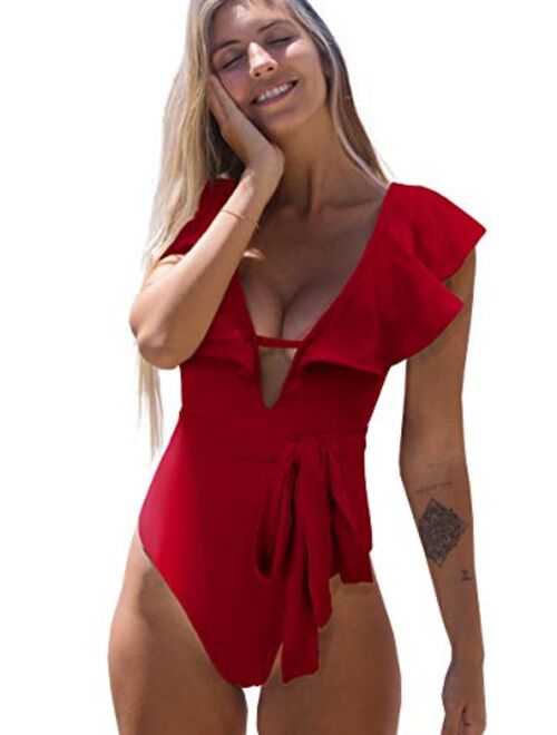 SPORLIKE Women One Piece Swimsuit V-Neck Ruffle Bathing Suit Padded Monokini