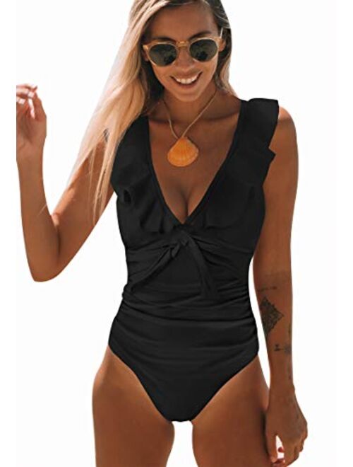 SPORLIKE Women One Piece Swimsuit V-Neck Ruffle Bathing Suit Padded Monokini