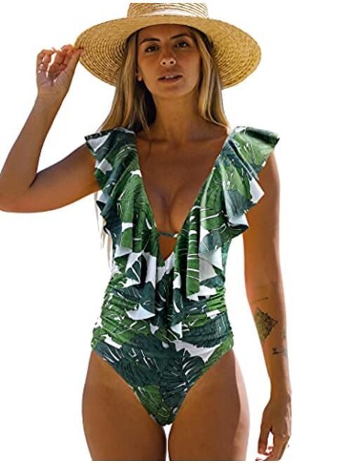 SPORLIKE Women One Piece Swimsuit V-Neck Ruffle Bathing Suit Padded Monokini