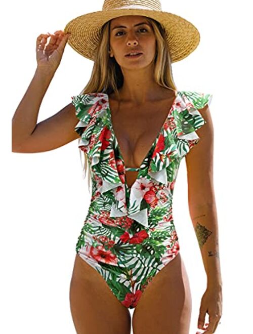 SPORLIKE Women One Piece Swimsuit V-Neck Ruffle Bathing Suit Padded Monokini