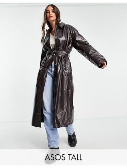 Tall crinkle faux leather trench coat in oxblood