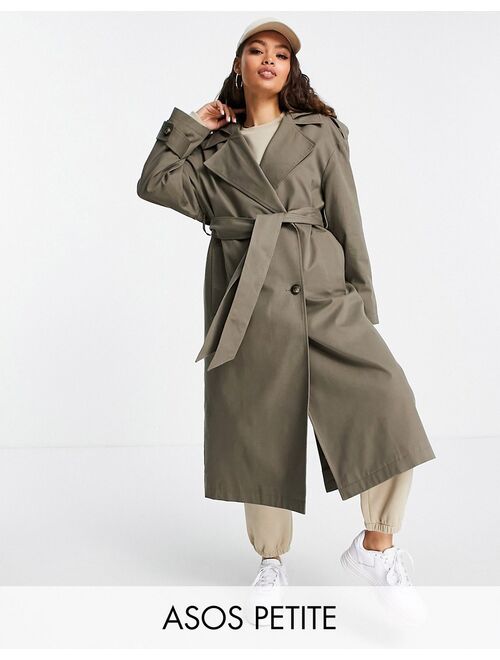 Asos Design Petite trench coat with hood in stone