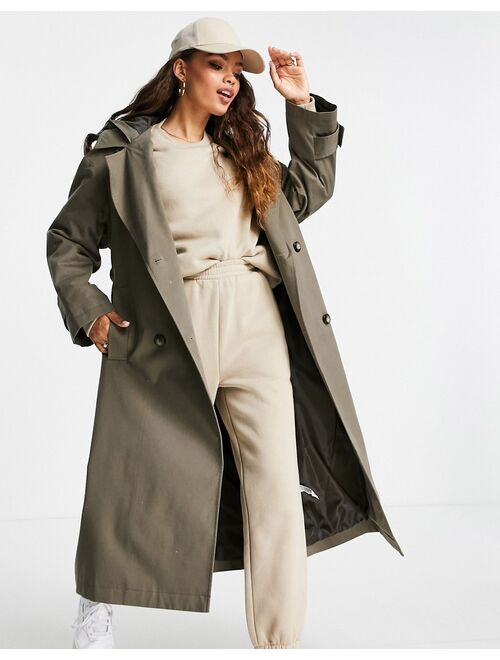 Asos Design Petite trench coat with hood in stone