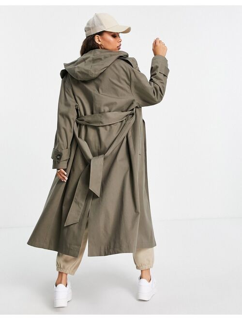 Asos Design Petite trench coat with hood in stone