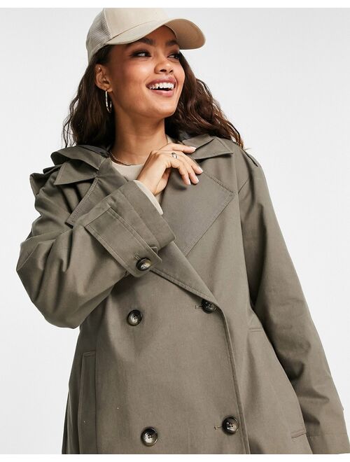 Asos Design Petite trench coat with hood in stone