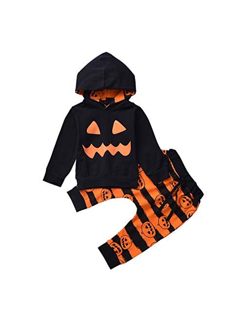 Toddler Newborn Baby Boys Halloween Haunt O'Lantern Clothes Pumpkin Skellington Smiles Hoodie + Stripe Pants Outfits Sets